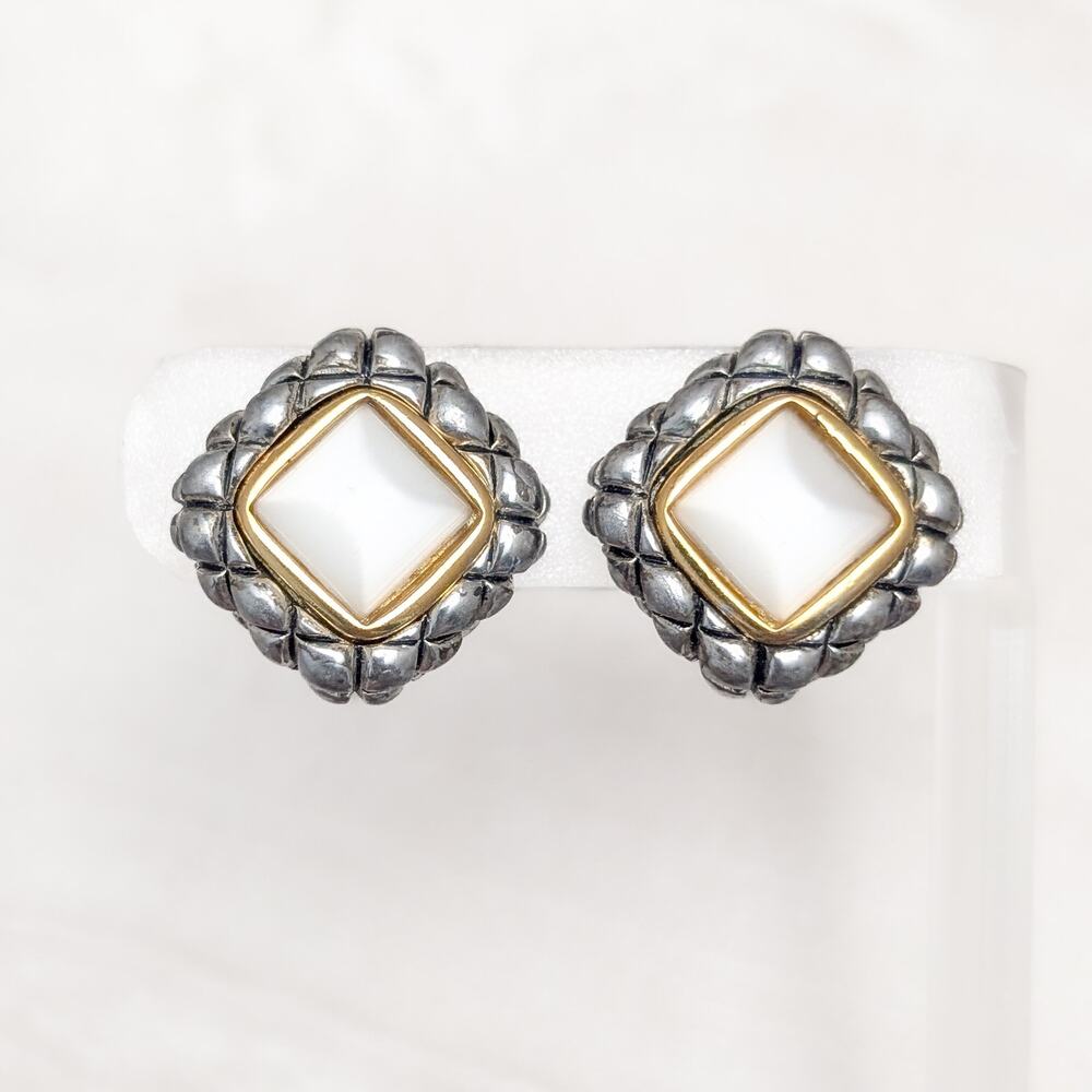 Vintage Clip On Earrings Chunky Silver Tone, Gold Tone with Frosted Center